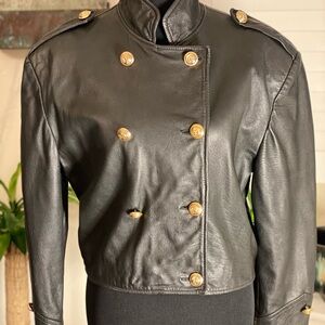 Black Leather Vintage Double-Breasted Military style Jacket